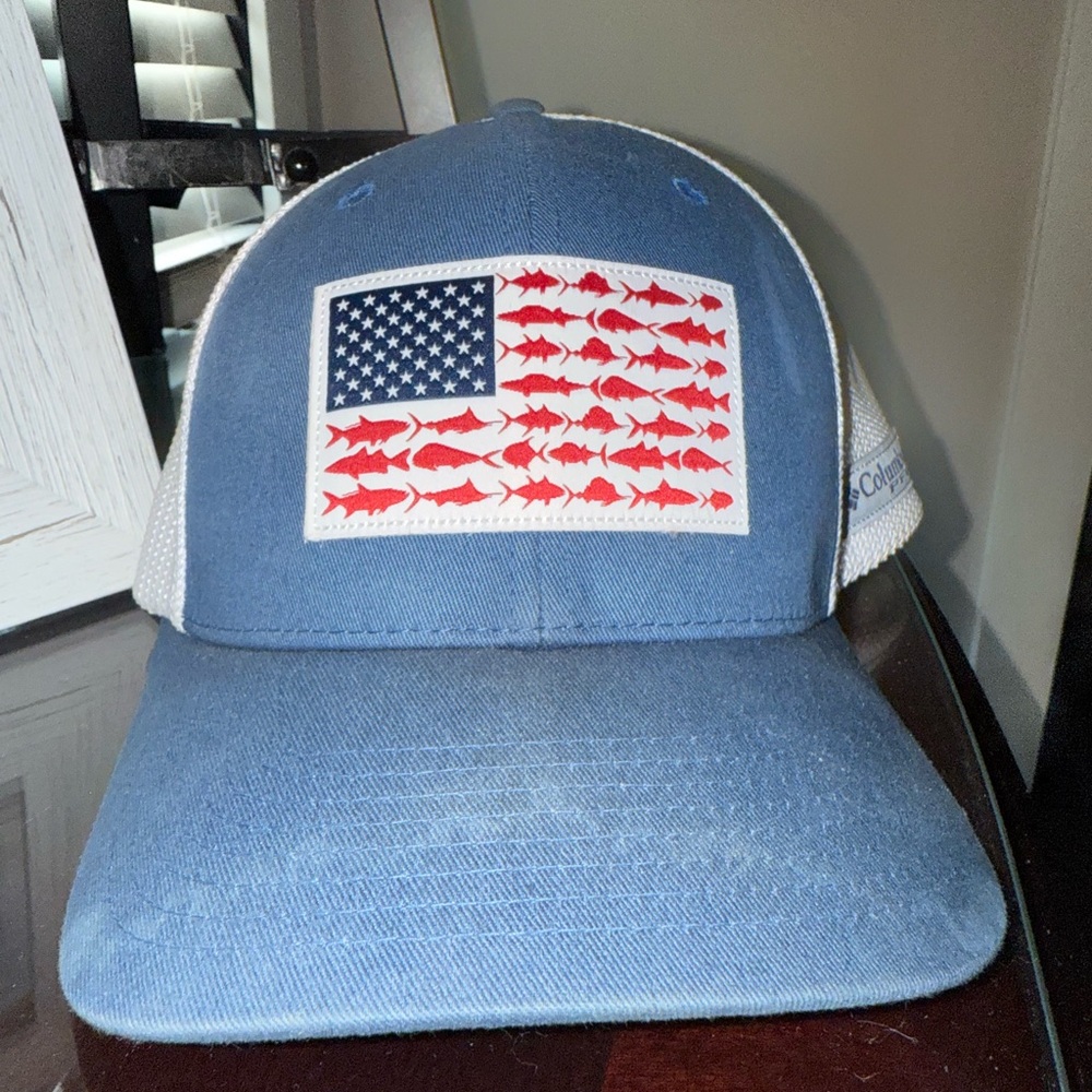 Columbia Blue and White Hat with Fish Flag